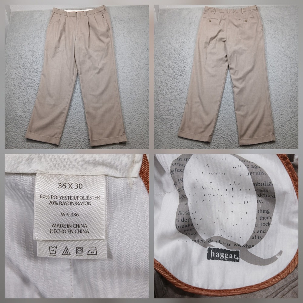 Haggar‎ Pleated Dress Pants Men's 36x30 Tan Cuffed Classic Fit